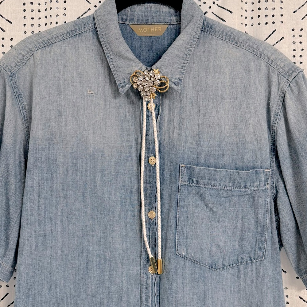 VINTAGE Gold-Tone Crystal & Leather Bolo Tie